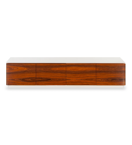 Geneve TV stand 4 doors in high gloss palissander, pearl lacquered top and structure, 220 x 49 cm.