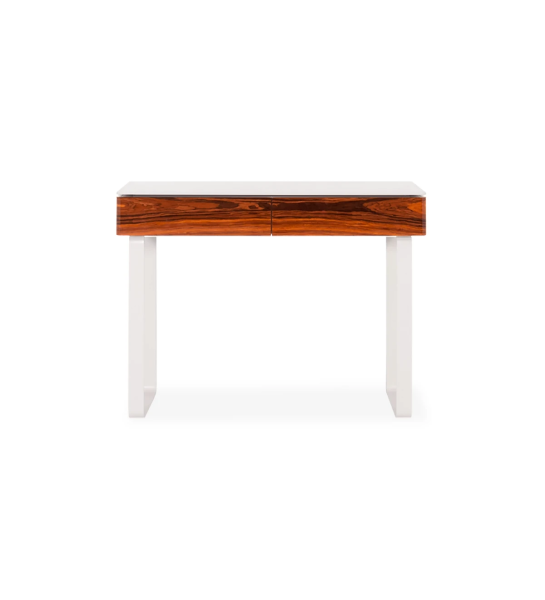 Console with 2 drawers in high gloss palissander, frame and metal feet lacquered in pearl.