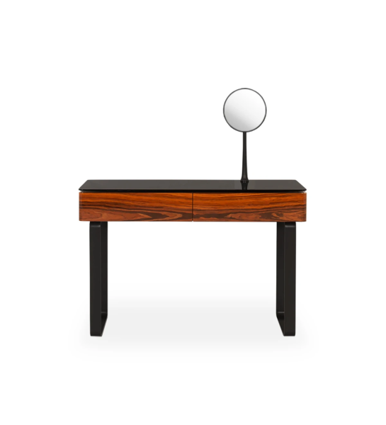 2 drawers with palissandro high brightness fronts, top black glass, structure in black lacquered, metal feet in black lacquered 