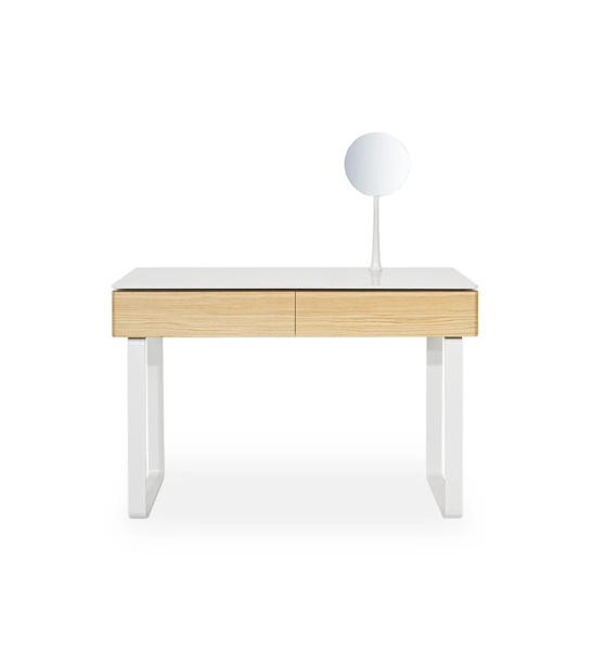 Dressing table with 2 drawers in natural oak, frame and pearl lacquered metal feet.