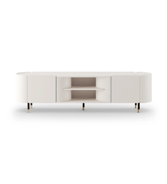 Mónaco TV stand 2 doors, pearl lacquered central shelves and structure, interior glass shelves, black lacquered feet with gold detail, 220 x 60 cm.