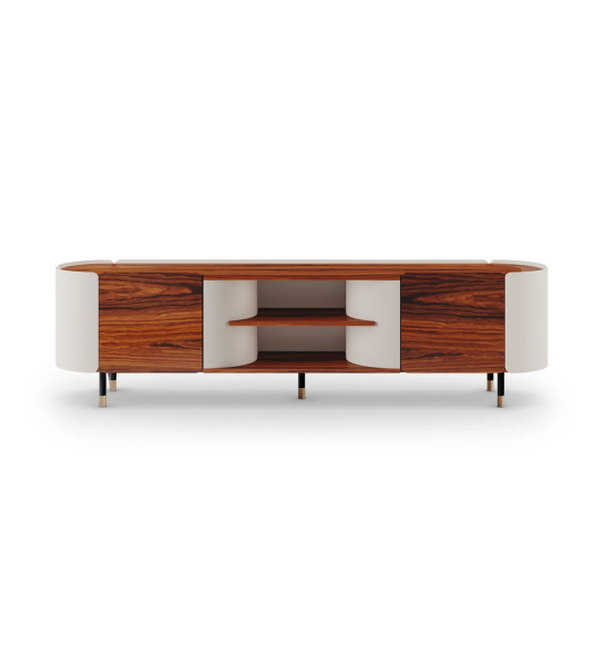 Mónaco TV stand 2 doors and structure in pearl lacquer, central shelves and top in high gloss palissander, interior glass shelves, black lacquered feet with gold detail, 220 x 60 cm.