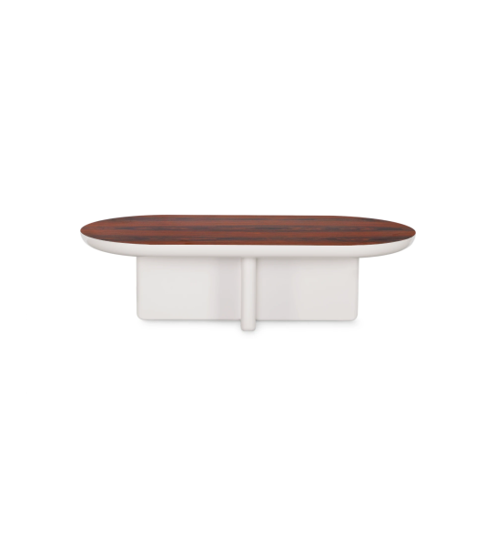 Mesa de centro Mónaco rectangular, tapa en palisandro alto brillo, pie lacado perla, 120 x 60 cm.