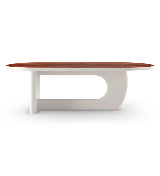 Mesa de comedor ovalada Monaco 200 x 105 cm, tapa en palisandro alto brillo, pie lacado perla.