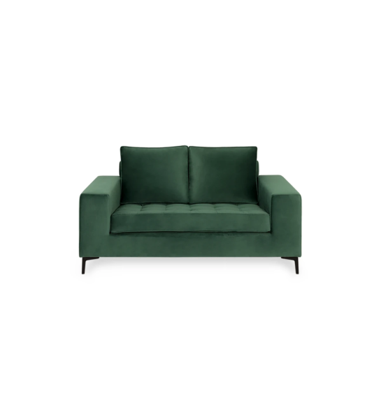 Sofá Barcelona 2 plazas tapizado en tela verde, pies en metal lacado negro, 165 cm.