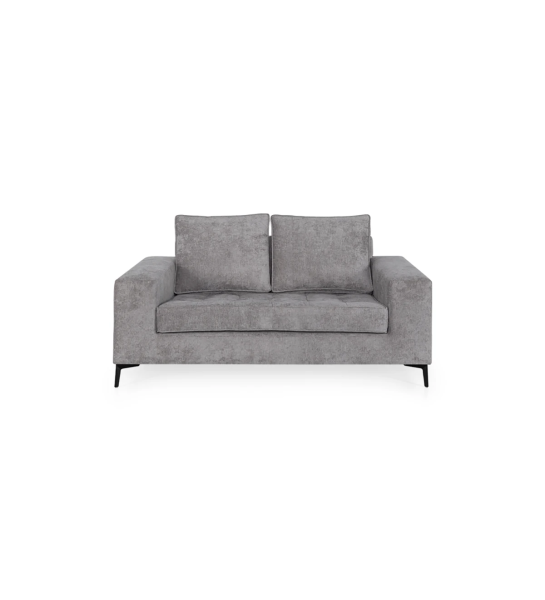 Sofá Barcelona 2 plazas tapizado en tela gris, pies en metal lacado negro, 165 cm.