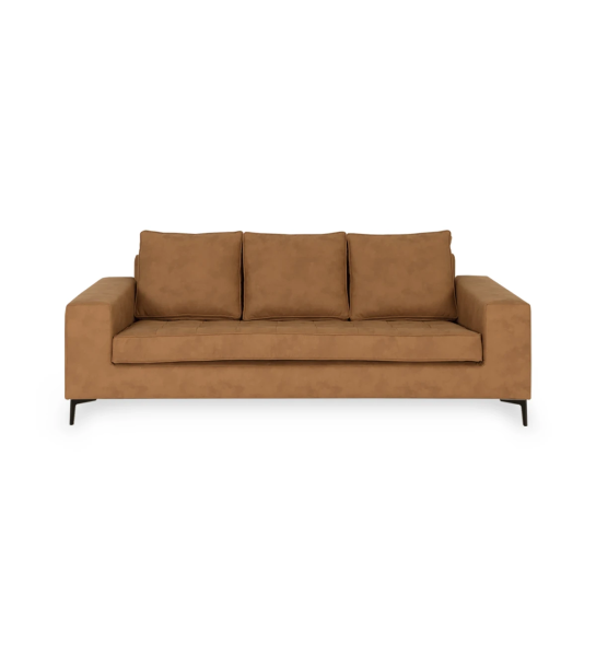 Canapé Barcelona 3 places recouvert en tissu camel, pieds en métal laqué noir, 224 cm.