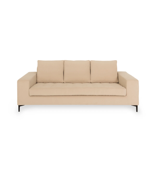 Sofá Barcelona 3 plazas tapizado en tela beige, pies en metal lacado negro, 224 cm.