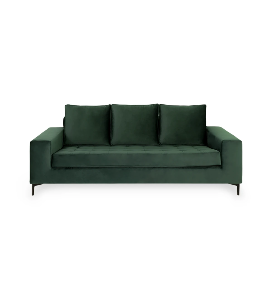 Barcelona 3-seater sofa upholstered in green fabric, black lacquered metal feet, 224 cm.