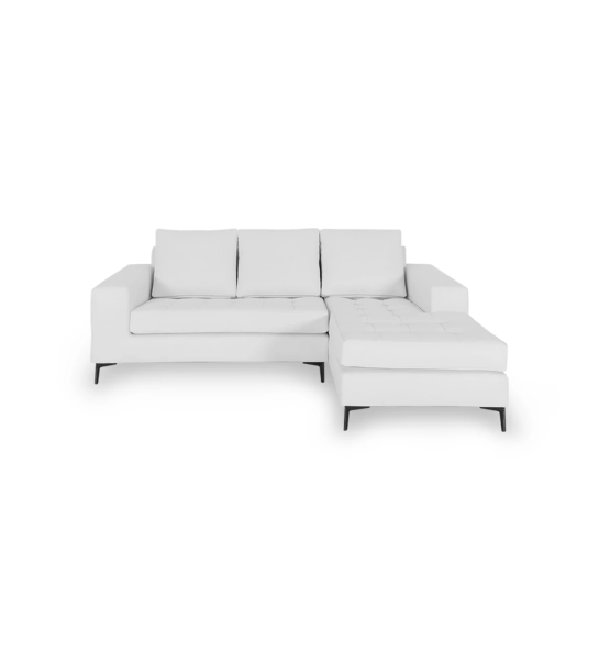 Canapé Barcelona 2 places et chaise longue droite, recouvert en éco-cuir blanc, pieds en métal laqué noir, 226 cm.