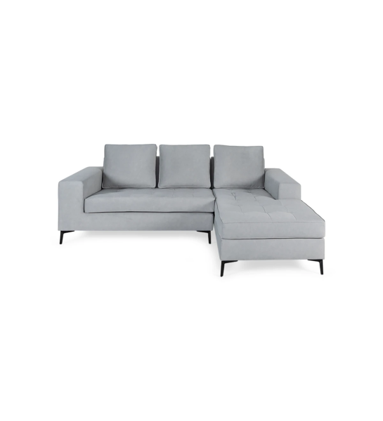 Canapé Barcelona 2 places et chaise longue droite, recouvert en tissu gris, pieds en métal laqué noir, 226 cm.