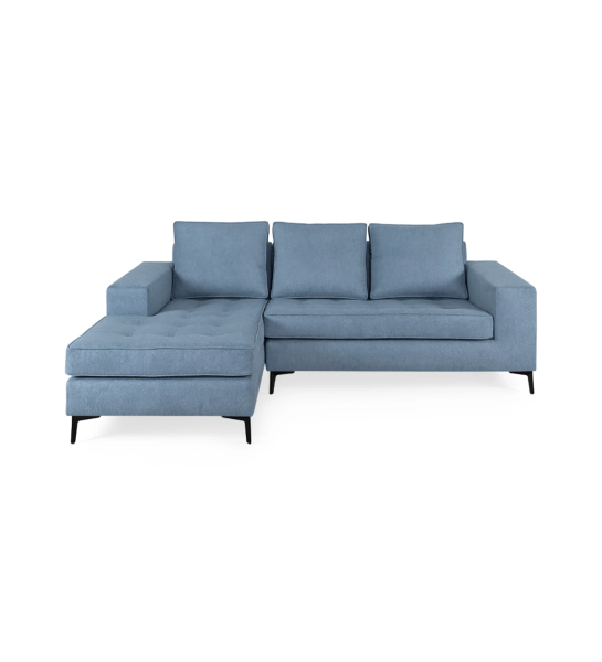 Barcelona 2-seater sofa and left chaise longue, upholstered in blue fabric, black lacquered metal feet, 226 cm.