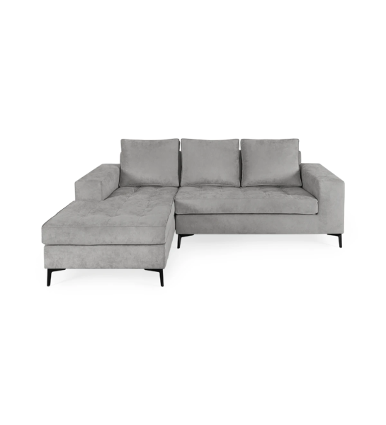 Sofá Barcelona 2 plazas y chaise longue izquierda, tapizado en tela gris, pies en metal lacado negro, 226 cm.