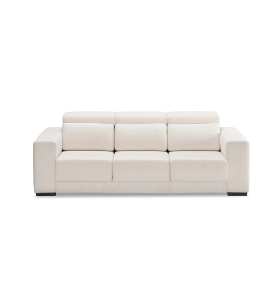 Sofá Oporto 3 plazas tapizado en tela beige, reposacabezas reclinables y asientos correderos, 250 cm.