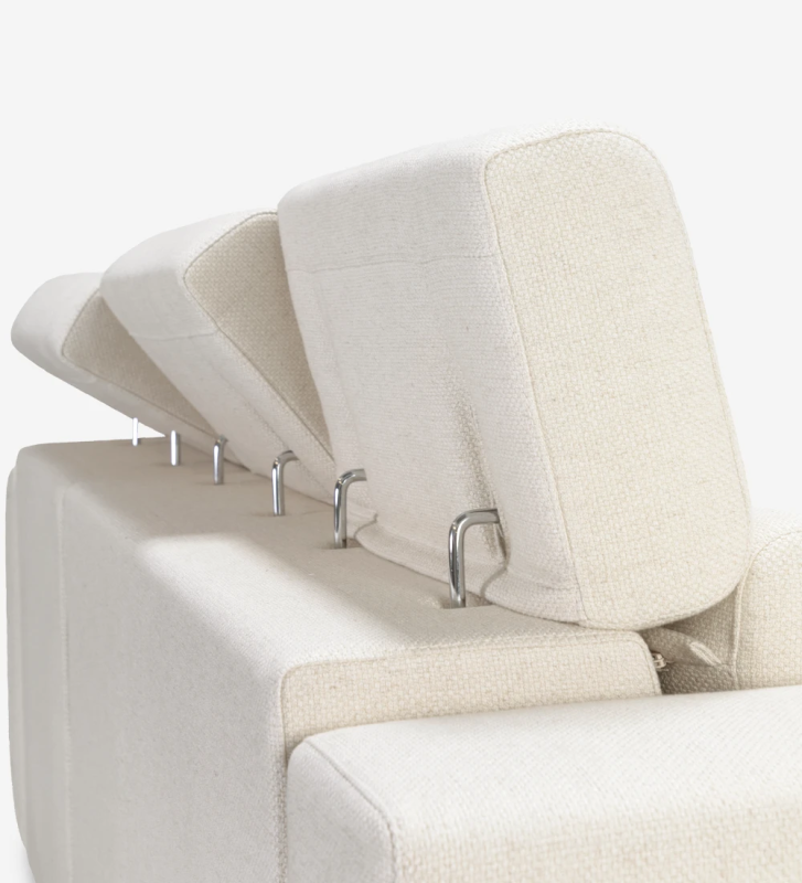 Sofá Oporto 3 plazas tapizado en tela beige, reposacabezas reclinables y asientos correderos, 250 cm.