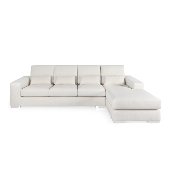 Canapé Geneve 3 places et chaise longue droite, recouverts en tissu perle, 284 cm.