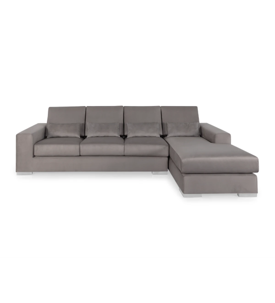 Canapé Geneve 3 places et chaise longue droite, recouvert en tissu taupe, 284 cm.
