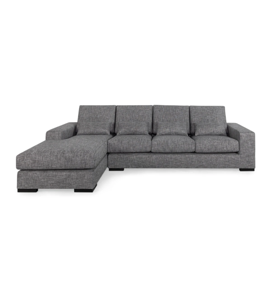 Canapé Geneve 3 places et chaise longue gauche, recouvert en tissu gris, 284 cm.