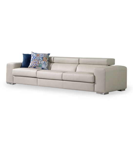 California 3-seater sofa upholstered in toffee eco-leather, reclining headrests, 307 cm.