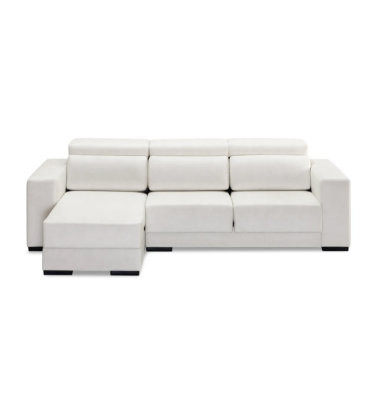 Oporto 2-seater sofa with reversible chaise longue, upholstered in light gray fabric, reclining headrests, sliding seats and storage on the chaise longue, 279 cm.