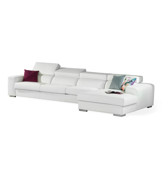 Canapé California 3 places et chaise longue droite, recouvert en éco-cuir blanc, appuis-tête inclinables, 391 cm.