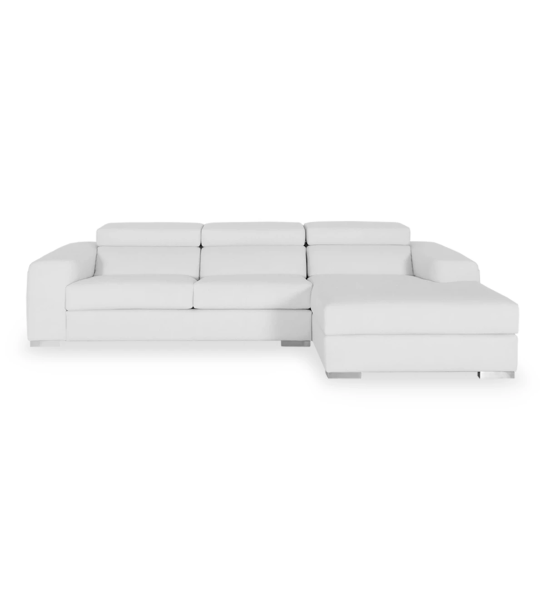 Canapé California 2 places et chaise longue droite, recouvert en éco-cuir blanc, appuis-tête inclinables, 307 cm.