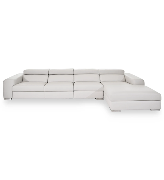 California 3-seater sofa and right chaise longue, upholstered in light gray eco-leather, reclining headrests, 391 cm.