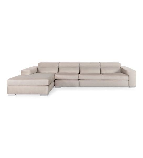 California 3-seater sofa and left chaise longue, upholstered in beige fabric, reclining headrests, 391 cm.