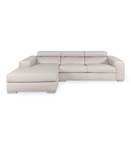 Sofá Califórnia 2 lugares e chaise longue esquerda, estofado a ecopele bege, apoios de cabeça reclináveis, 307 cm.