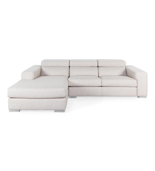 California 2-seater sofa and left chaise longue, upholstered in pearl fabric, reclining headrests, 307 cm.