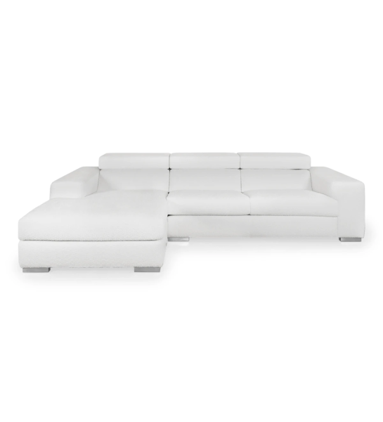Canapé California 2 places et chaise longue gauche, recouvert en tissu blanc, appuis-tête inclinables, 307 cm.