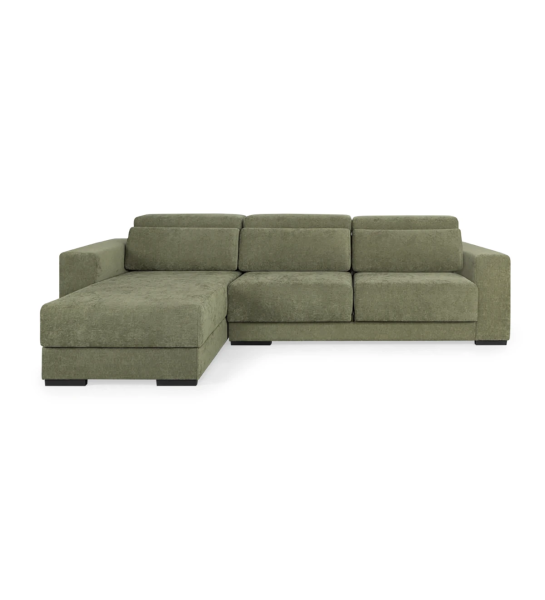 Sofá Oporto 2 lugares e chaise longue reversível, estofado a tecido verde, apoios de cabeça reclináveis, assentos deslizantes e arrumação na chaise longue, 279 cm.