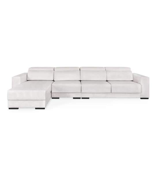 Canapé Oporto 3 places et chaise longue réversible, recouvert en tissu perle, appuis-tête inclinables, assises coulissantes et rangements sur la chaise longue, 354 cm.