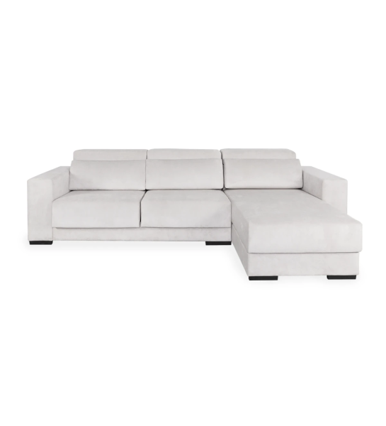 Canapé Oporto 2 places et chaise longue réversible, recouvert en tissu perle, appuis-tête inclinables, assises coulissantes et rangements sur la chaise longue, 279 cm.