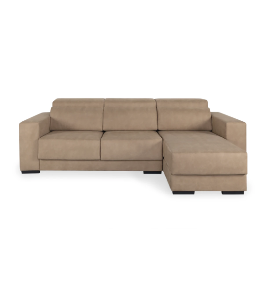 Oporto 2-seater sofa with reversible chaise longue, upholstered in toffee fabric, reclining headrests, sliding seats and storage on the chaise longue, 279 cm.