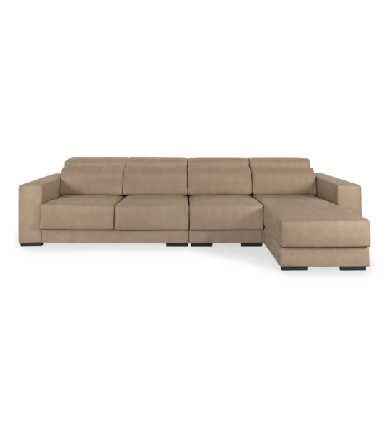 Oporto 3-seater sofa with reversible chaise longue, upholstered in toffee fabric, reclining headrests, sliding seats and storage on the chaise longue, 354 cm.
