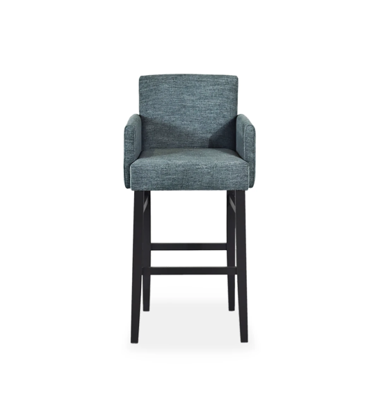 Stool with arms upholstered in fabric, with black lacquered feet.