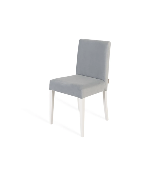 Chaise rembourrée en tissu, pieds laqués blanc.