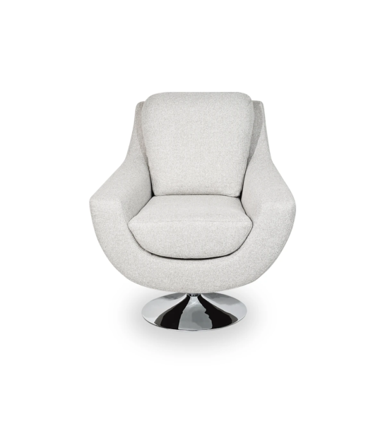 Poltrona Paris giratória, estofada a tecido light grey, base metálica.
