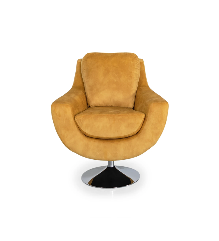 Paris swivel armchair, upholstered in mustard fabric, metal base.