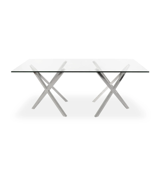 Table de repas rectangulaire Paris 200 x 98 cm, plateau en verre, piètement en inox.