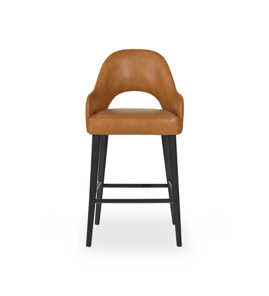 Tabouret avec accoudoirs rembourrés en tissu, avec pieds laqués en noir.