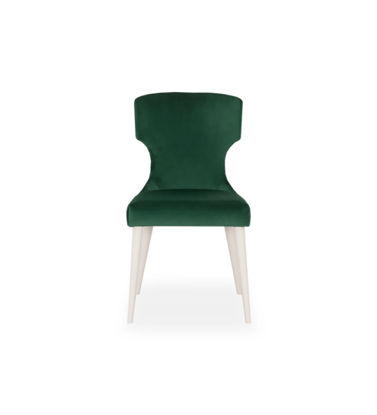 Fabric upholstered chair, with black tack on the back and pearl lacquered feet.