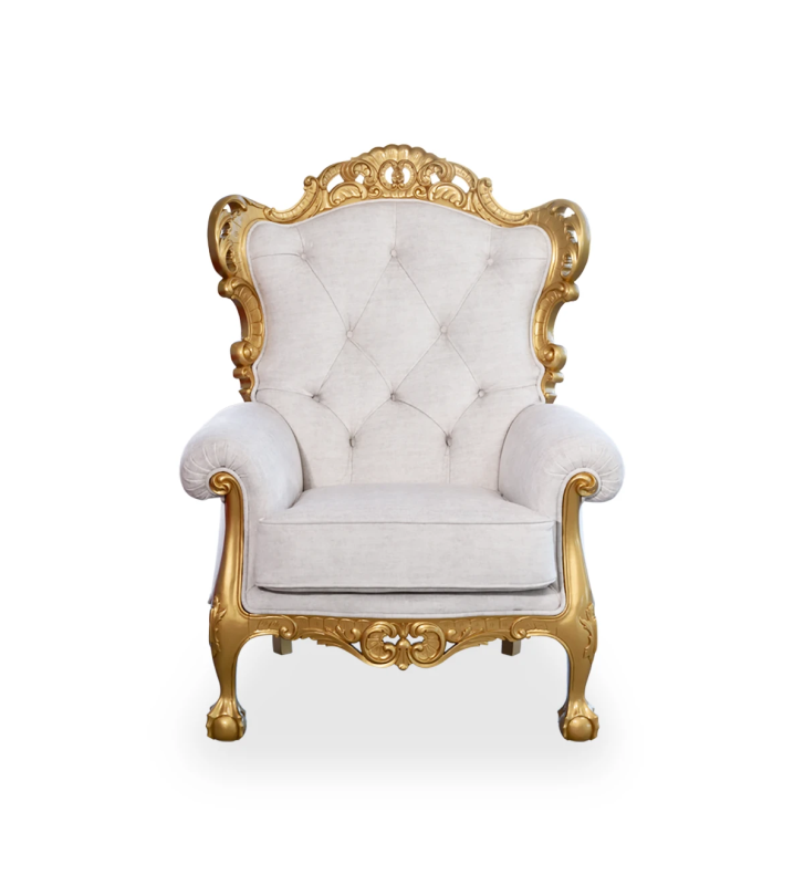 Paris armchair upholstered in pearl fabric, structure and feet lacquered in gold.