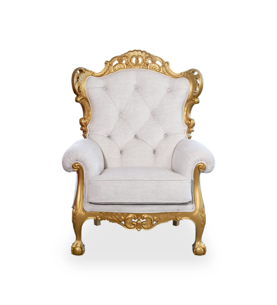 Fauteuil Paris recouvert en tissu perle, structure et pieds laqués doré.