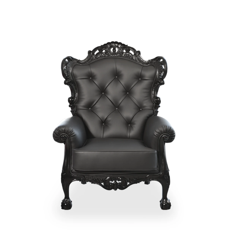 Paris armchair upholstered in black fabric, structure and feet lacquered in black.