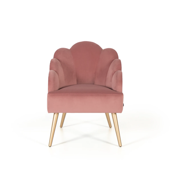 Fauteuil Lisboa recouvert en tissu rose, pieds laqués doré.
