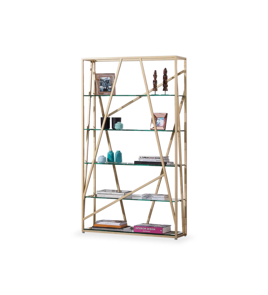 Bibliothèque Azores avec structure en métal laqué doré, 5 étagères en verre, 100 x 181,5 cm.