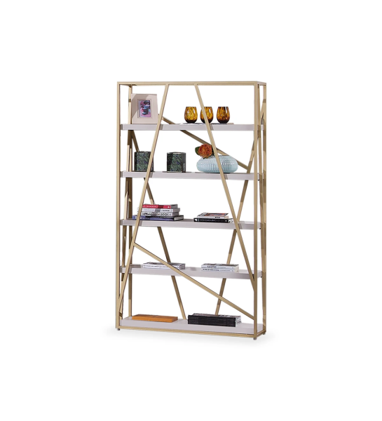 Bibliothèque Azores avec structure en métal laqué doré, 5 étagères laquées perles, 100 x 181,5 cm.