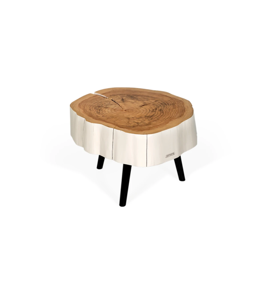 Mesa de centro tronco em madeira natural de criptoméria lacada a pérola, pés lacados a negro, Ø 60 a 75 cm.
